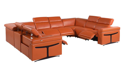 Camel Italian Leather Power Reclining U Shaped Eight Piece Corner Sectional With Console