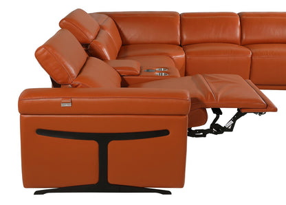 Camel Italian Leather Power Reclining U Shaped Eight Piece Corner Sectional With Console