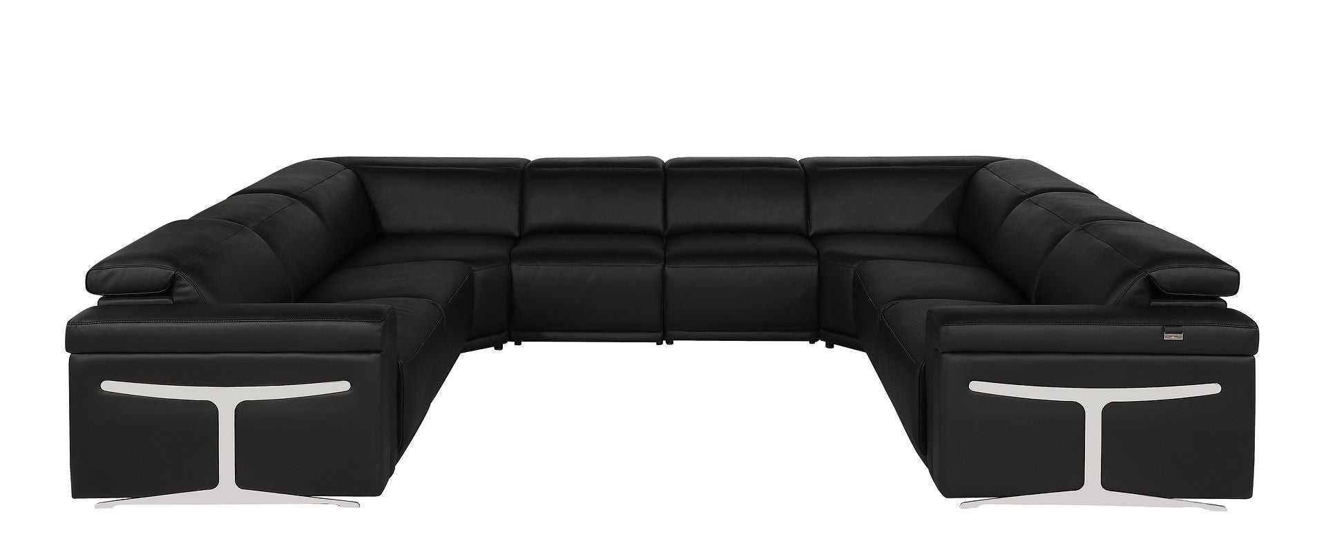 Black Italian Leather Power Reclining U Shaped Eight Piece Corner Sectional With Console