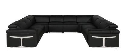 Black Italian Leather Power Reclining U Shaped Eight Piece Corner Sectional With Console
