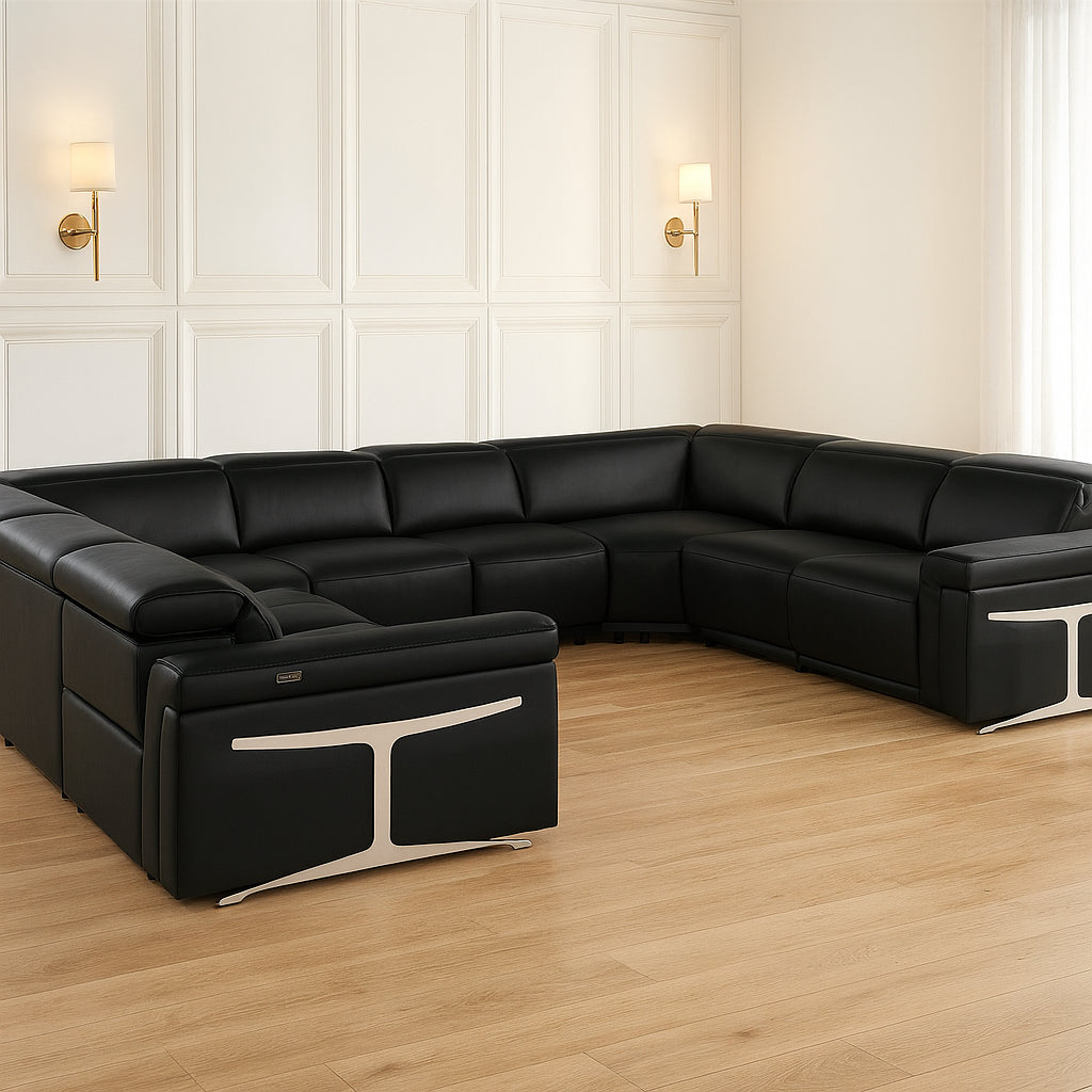 Black Italian Leather Power Reclining U Shaped Eight Piece Corner Sectional With Console