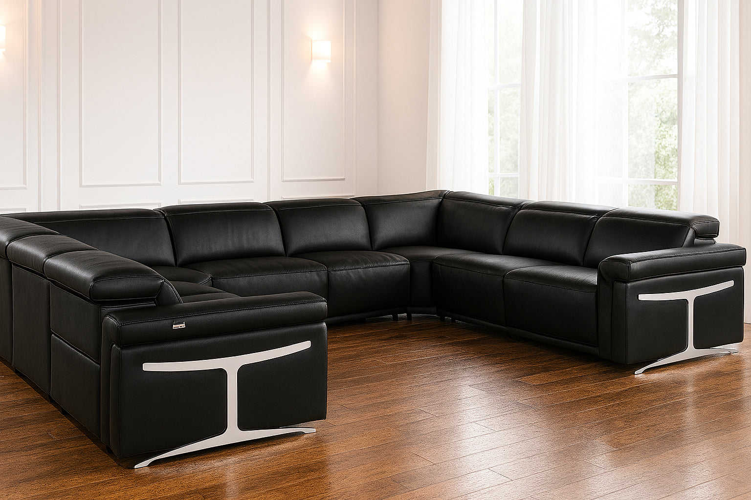 Black Italian Leather Power Reclining U Shaped Eight Piece Corner Sectional With Console
