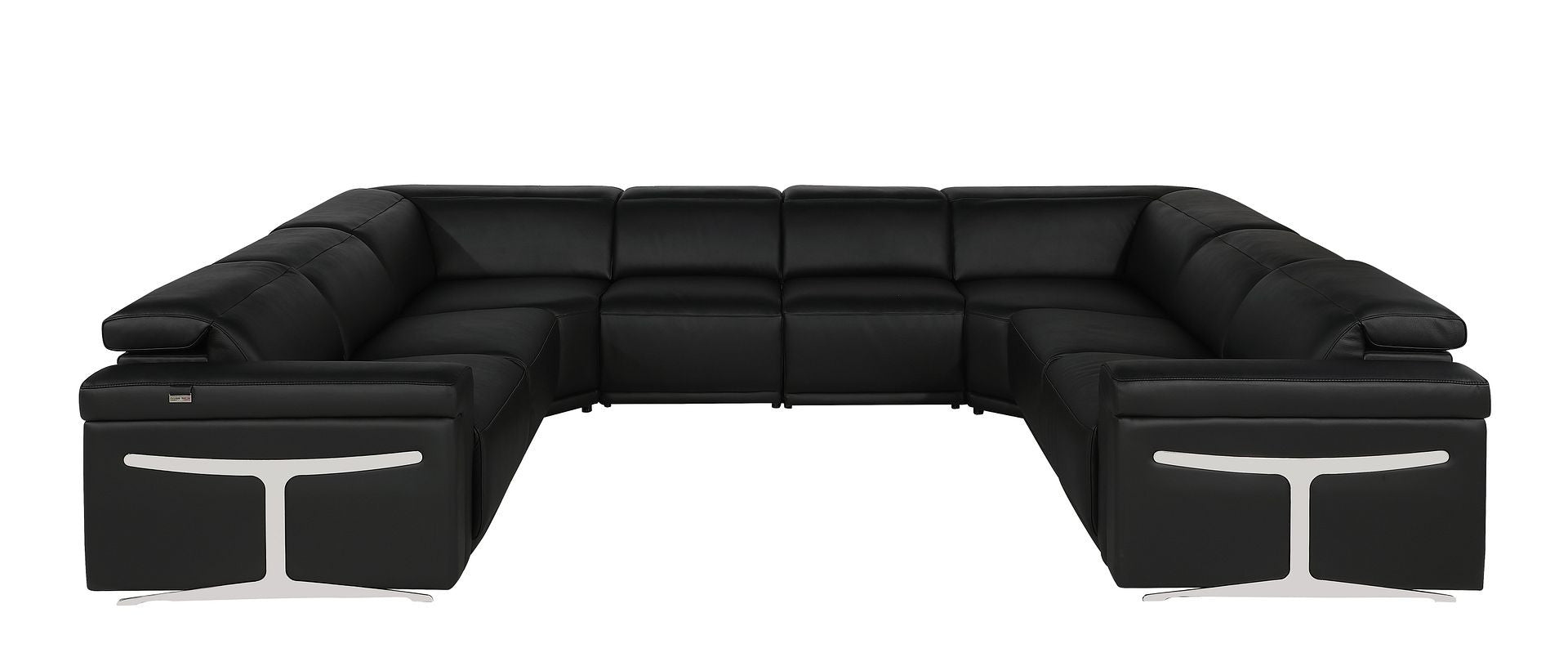 Black Italian Leather Power Reclining U Shaped Eight Piece Corner Sectional With Console