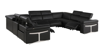 Black Italian Leather Power Reclining U Shaped Eight Piece Corner Sectional With Console