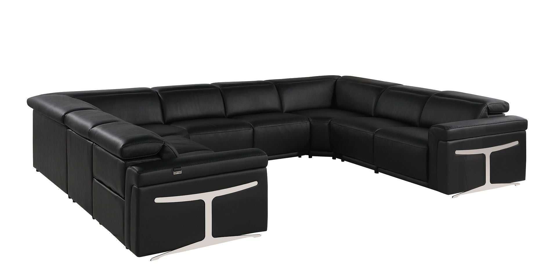 Black Italian Leather Power Reclining U Shaped Eight Piece Corner Sectional With Console