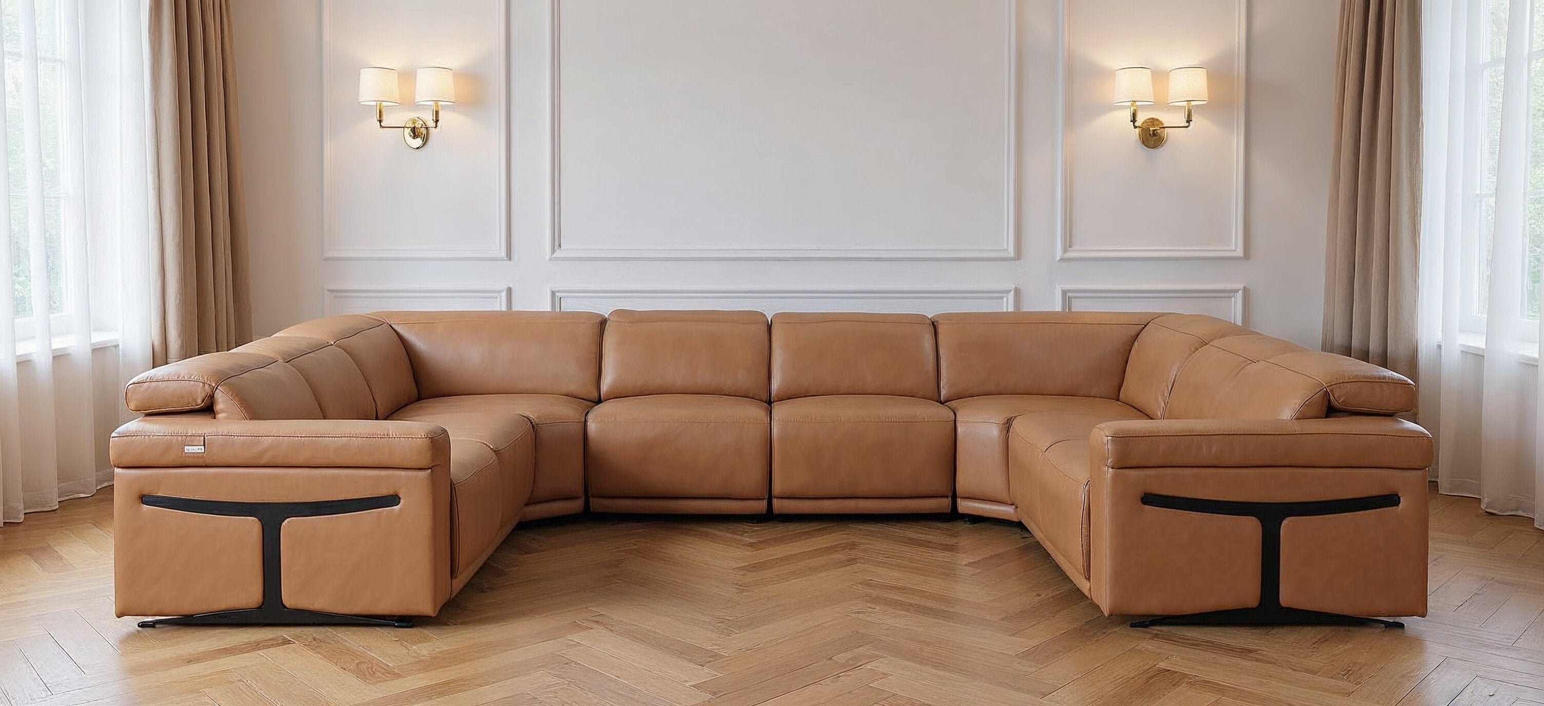 Chestnut Italian Leather Power Reclining U Shaped Eight Piece Corner Sectional With Console