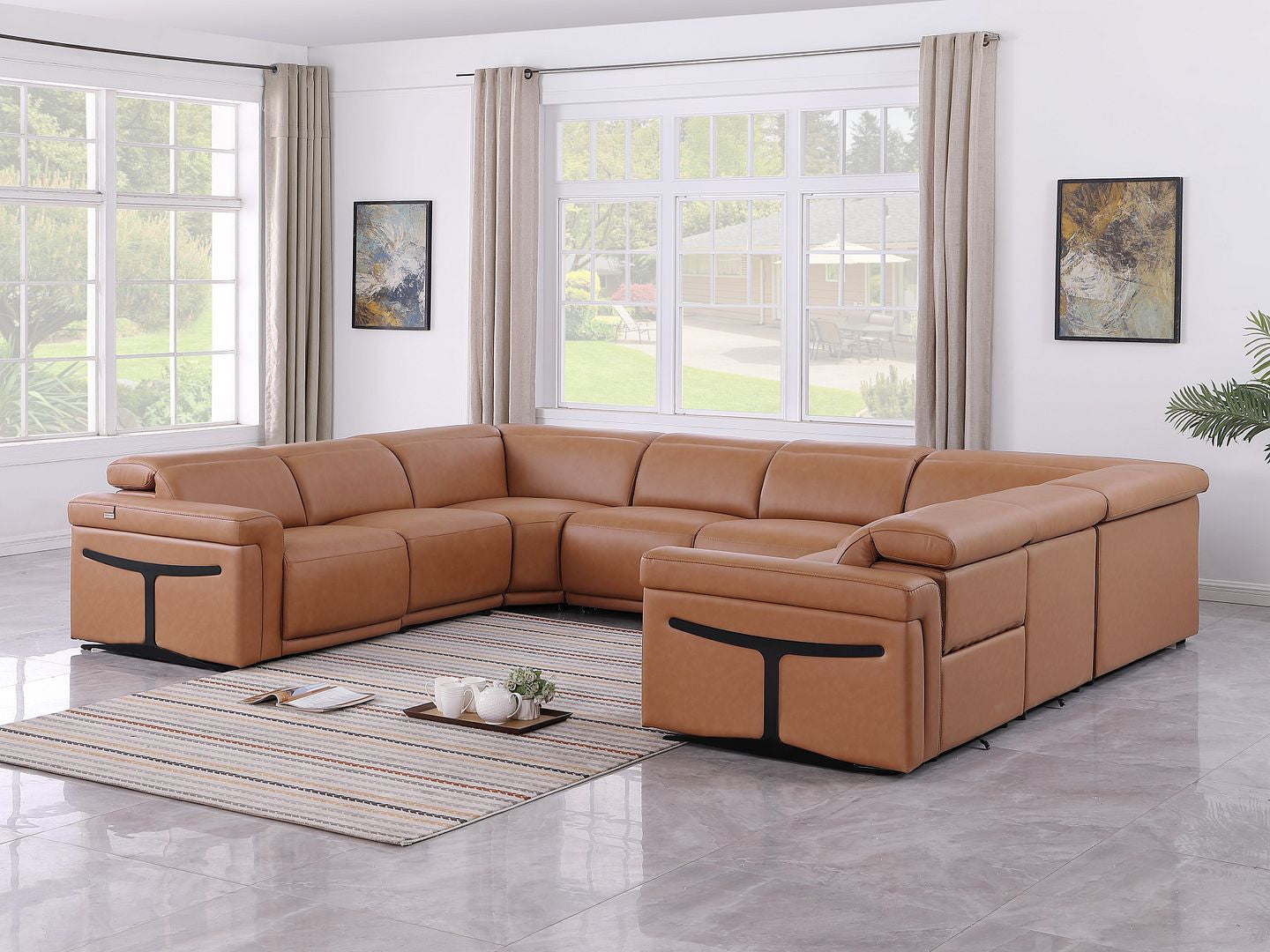Chestnut Italian Leather Power Reclining U Shaped Eight Piece Corner Sectional With Console