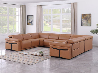 Chestnut Italian Leather Power Reclining U Shaped Eight Piece Corner Sectional With Console