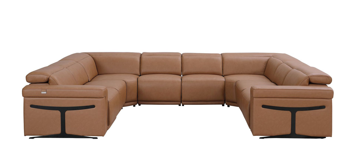 Chestnut Italian Leather Power Reclining U Shaped Eight Piece Corner Sectional With Console