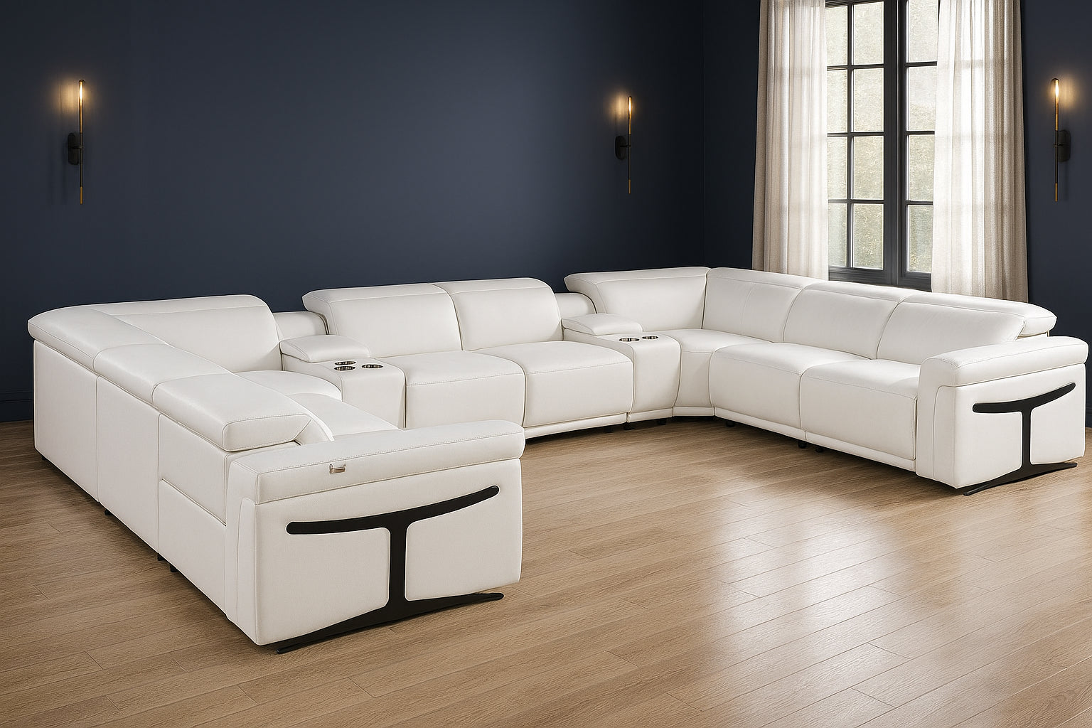 White Italian Leather Power Reclining U Shaped Ten Piece Corner Sectional With Console