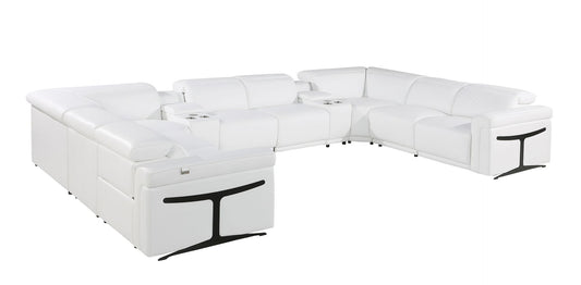 White Italian Leather Power Reclining U Shaped Ten Piece Corner Sectional With Console