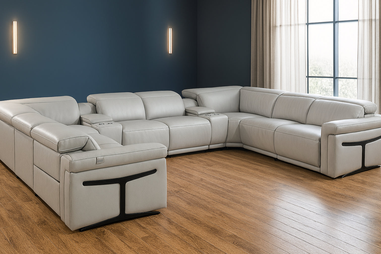 Light Gray Italian Leather Power Reclining U Shaped Ten Piece Corner Sectional With Console