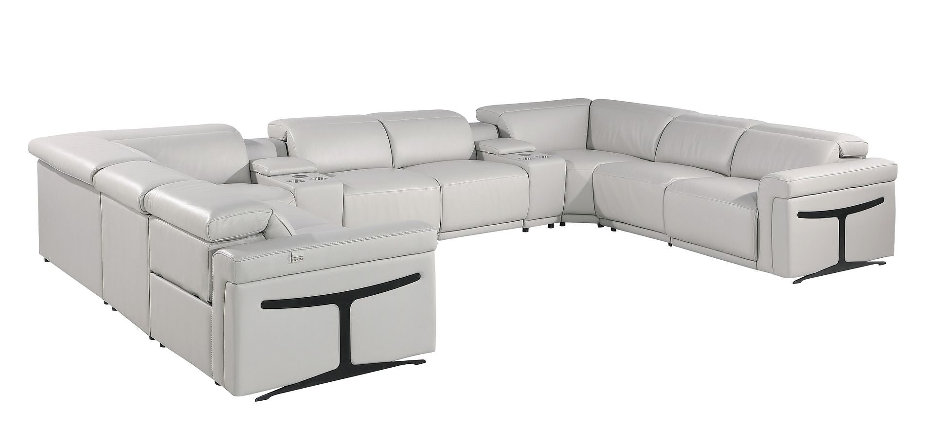 Light Gray Italian Leather Power Reclining U Shaped Ten Piece Corner Sectional With Console