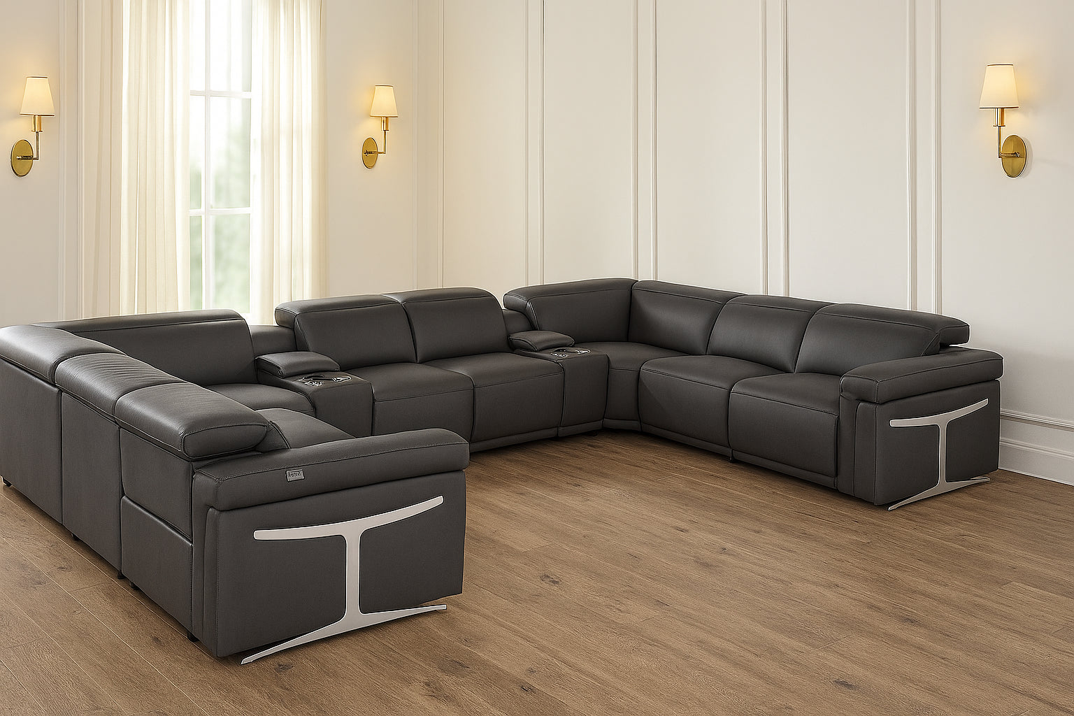 Dark Gray Italian Leather Power Reclining U Shaped Ten Piece Corner Sectional With Console