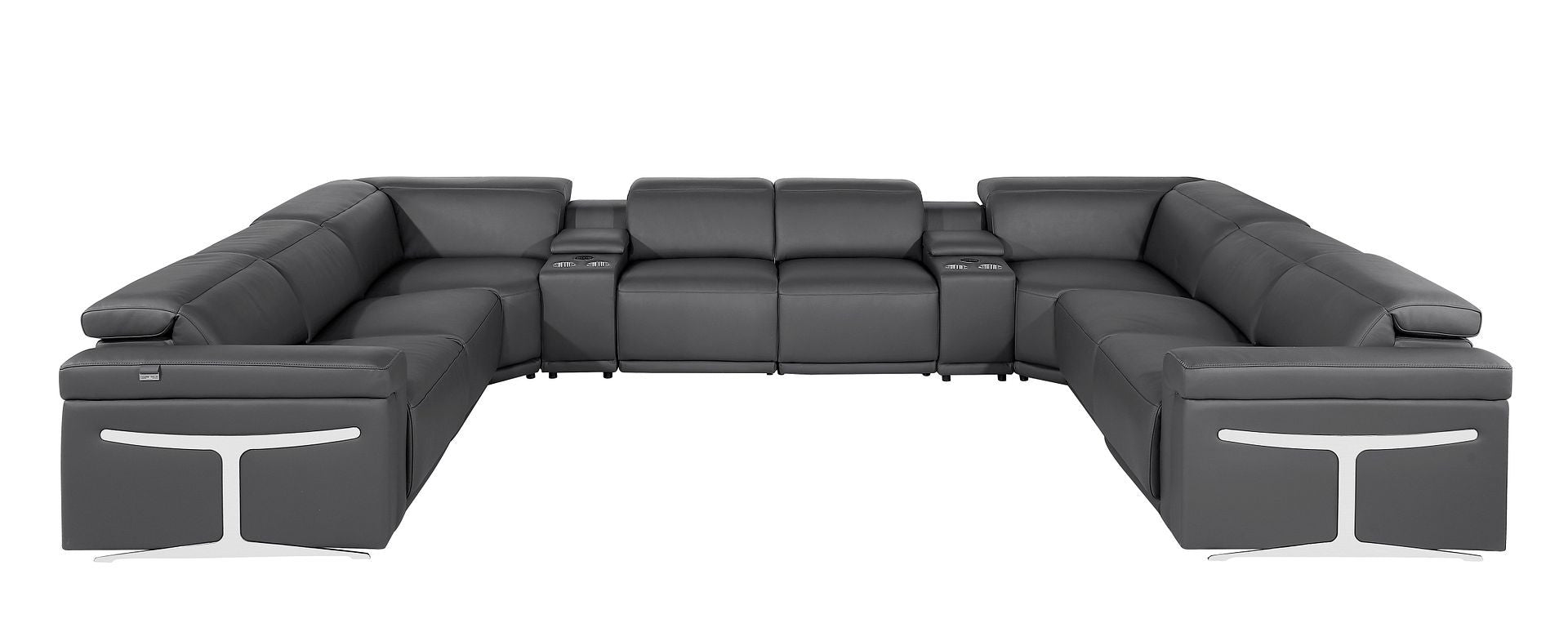 Dark Gray Italian Leather Power Reclining U Shaped Ten Piece Corner Sectional With Console