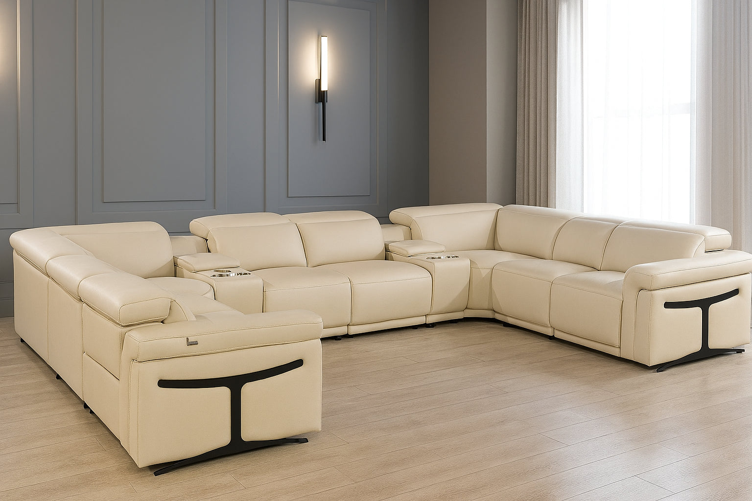 Beige Italian Leather Power Reclining U Shaped Ten Piece Corner Sectional With Console