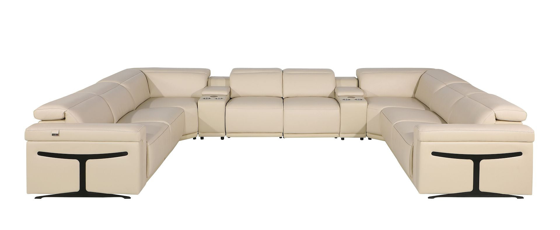 Beige Italian Leather Power Reclining U Shaped Ten Piece Corner Sectional With Console