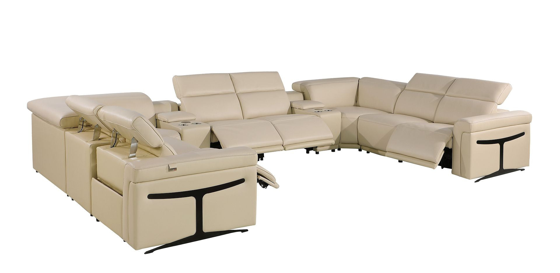 Beige Italian Leather Power Reclining U Shaped Ten Piece Corner Sectional With Console
