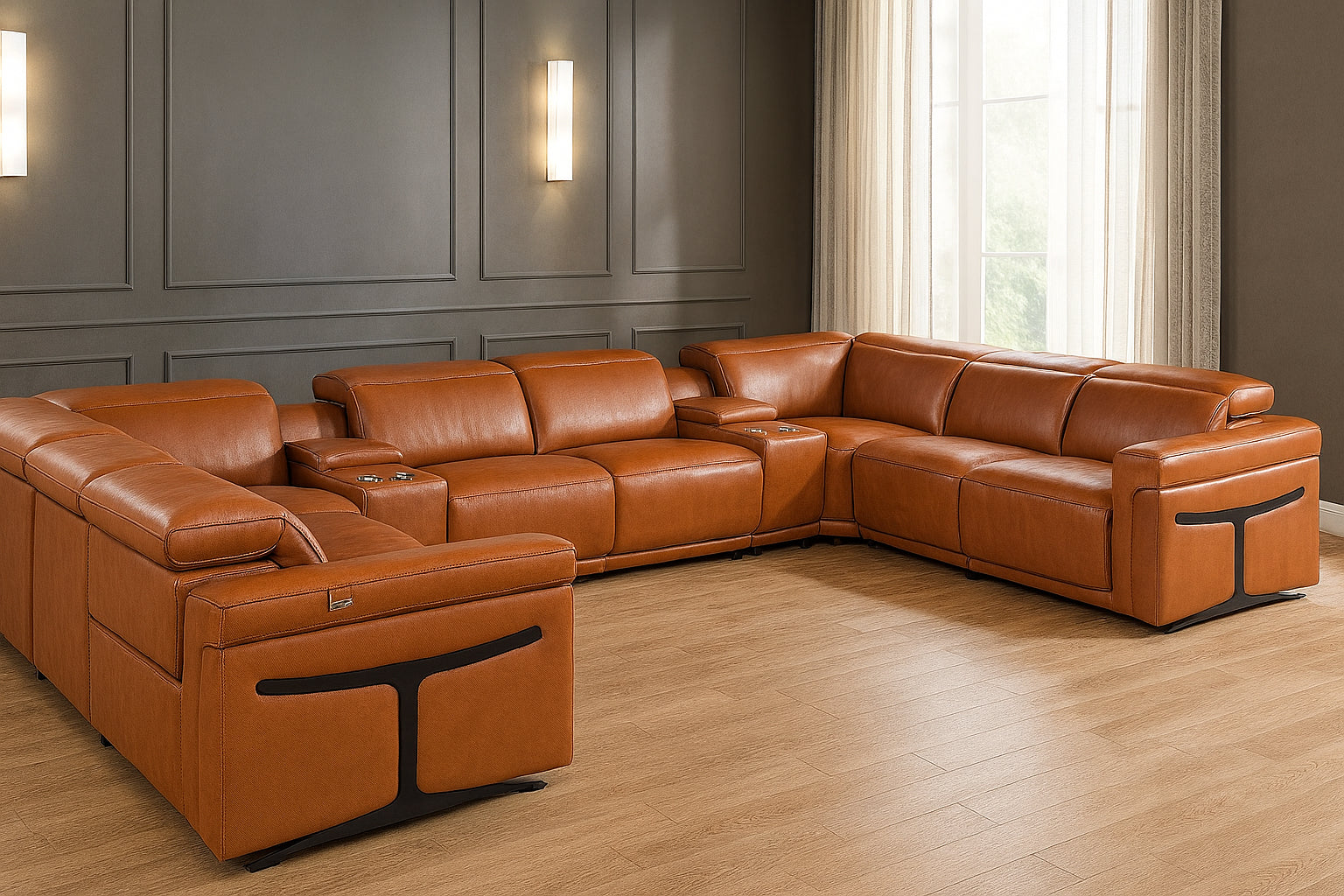 Camel Italian Leather Power Reclining U Shaped Ten Piece Corner Sectional With Console