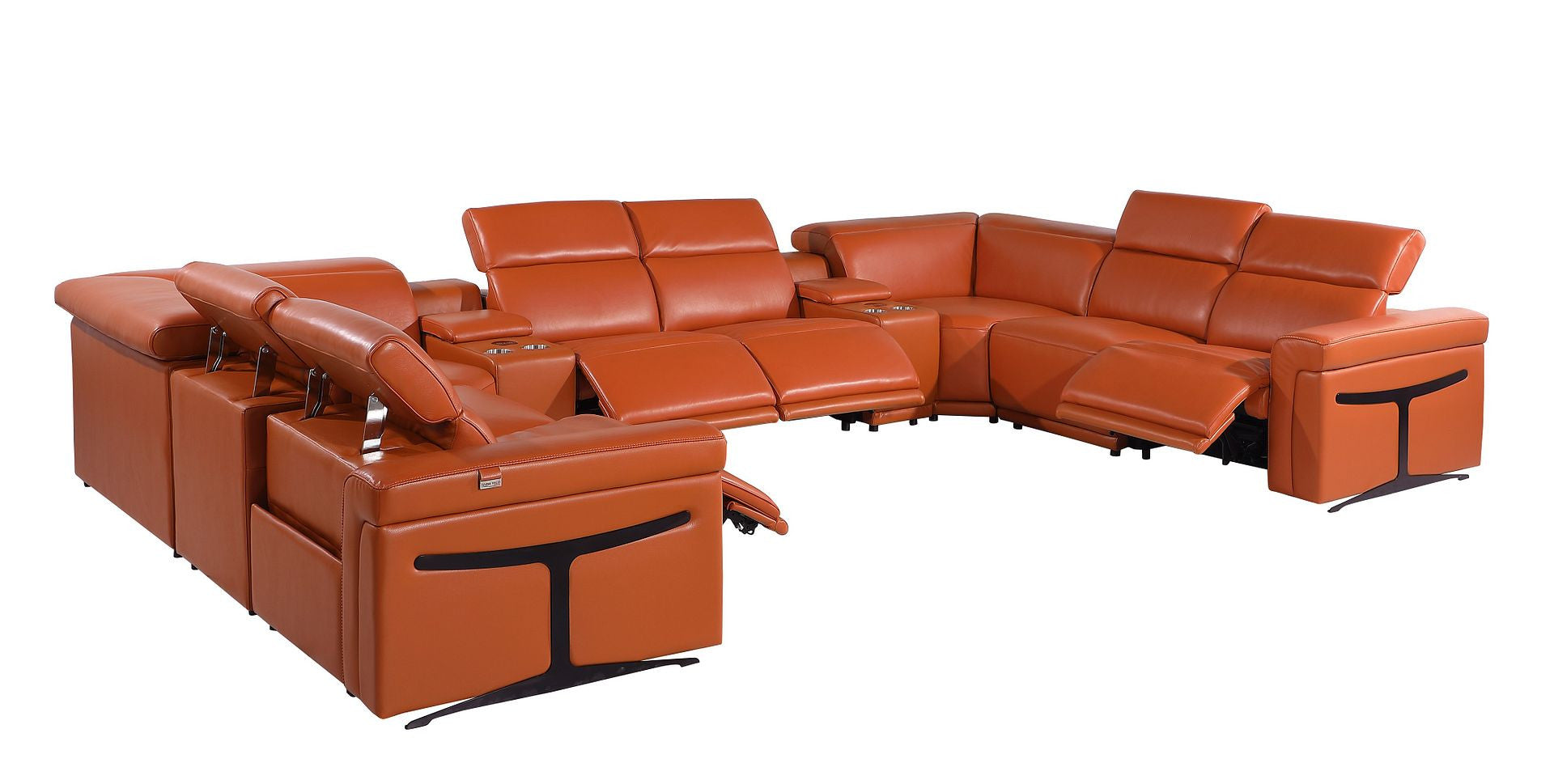 Camel Italian Leather Power Reclining U Shaped Ten Piece Corner Sectional With Console