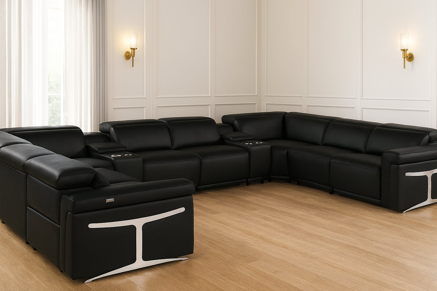 Black Italian Leather Power Reclining U Shaped Ten Piece Corner Sectional With Console