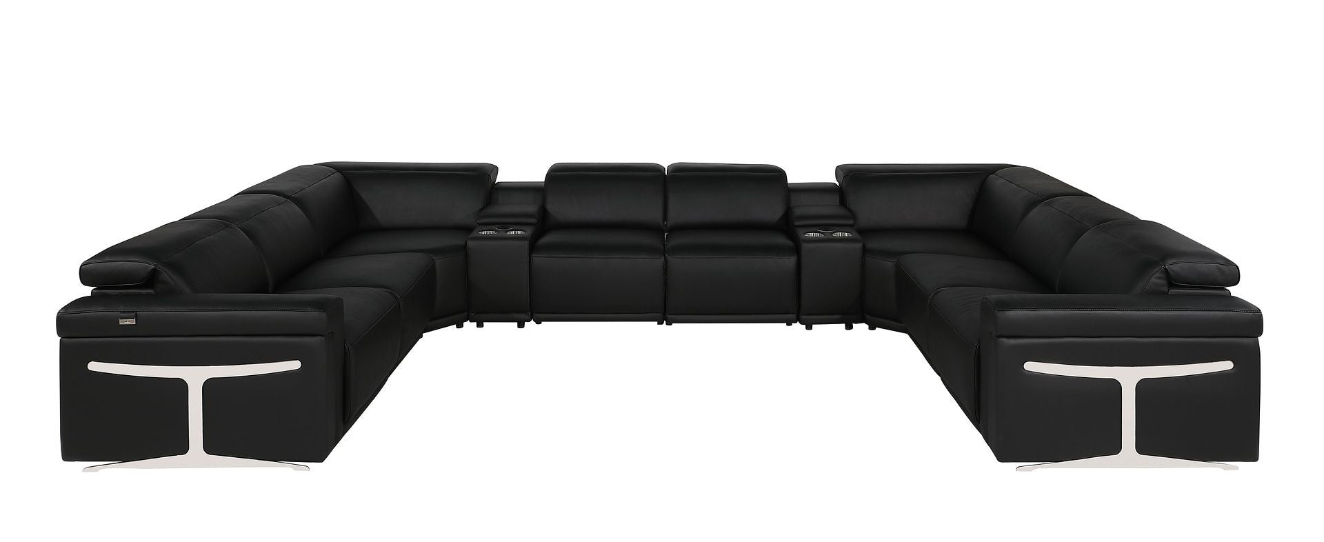 Black Italian Leather Power Reclining U Shaped Ten Piece Corner Sectional With Console