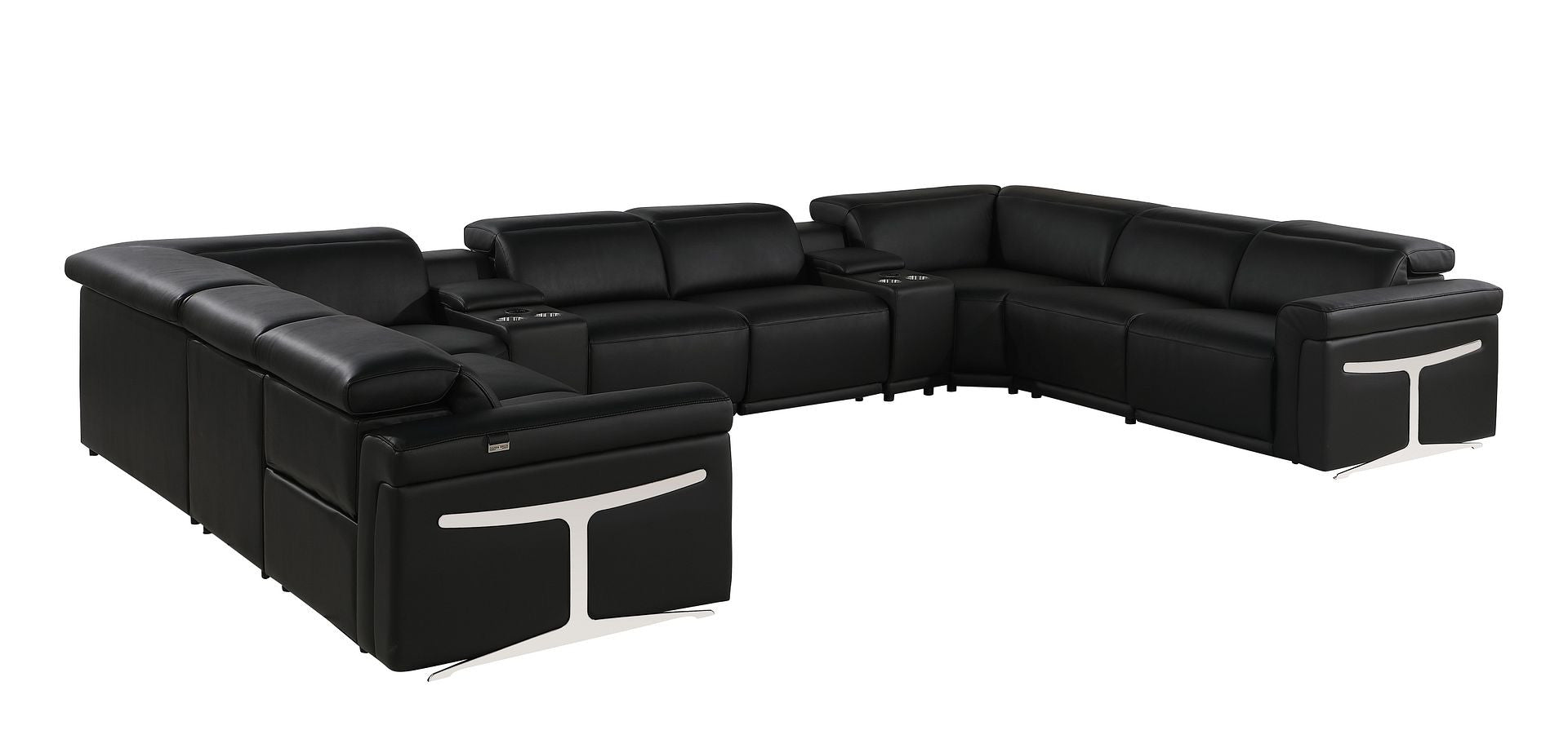 Black Italian Leather Power Reclining U Shaped Ten Piece Corner Sectional With Console