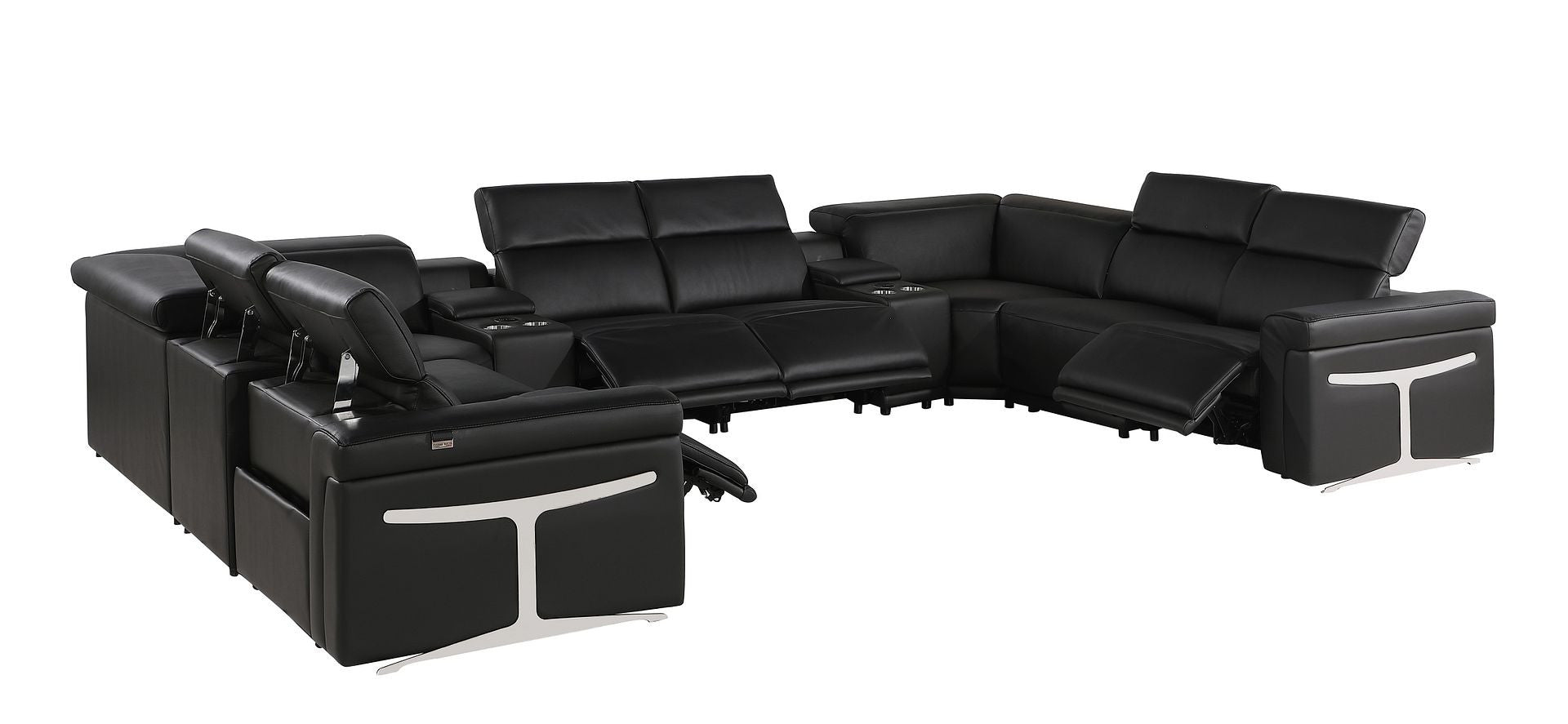 Black Italian Leather Power Reclining U Shaped Ten Piece Corner Sectional With Console