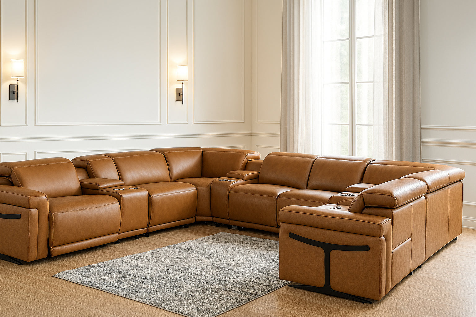 Chestnut Italian Leather Power Reclining U Shaped Ten Piece Corner Sectional With Console