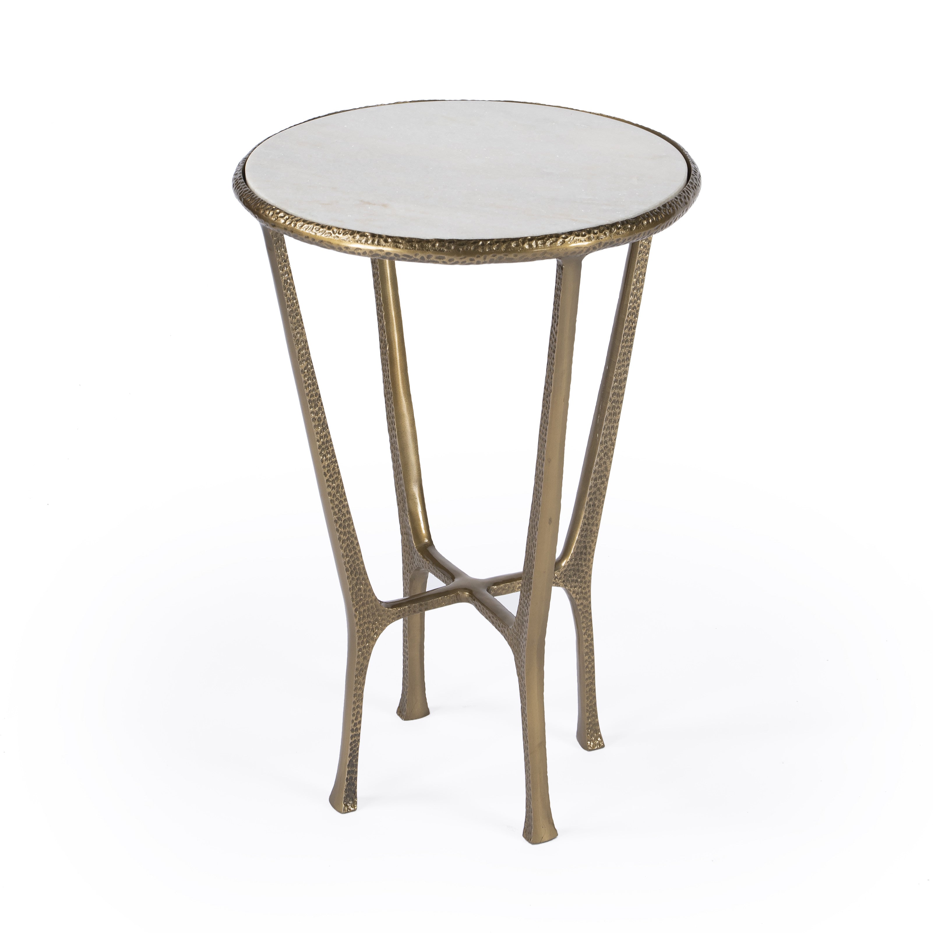 23" White and Gold Distressed Marble and Aluminum Round End Table