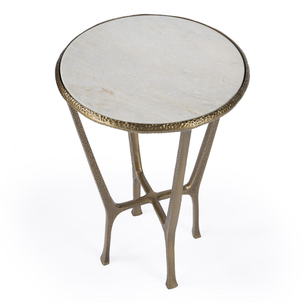 23" White and Gold Distressed Marble and Aluminum Round End Table