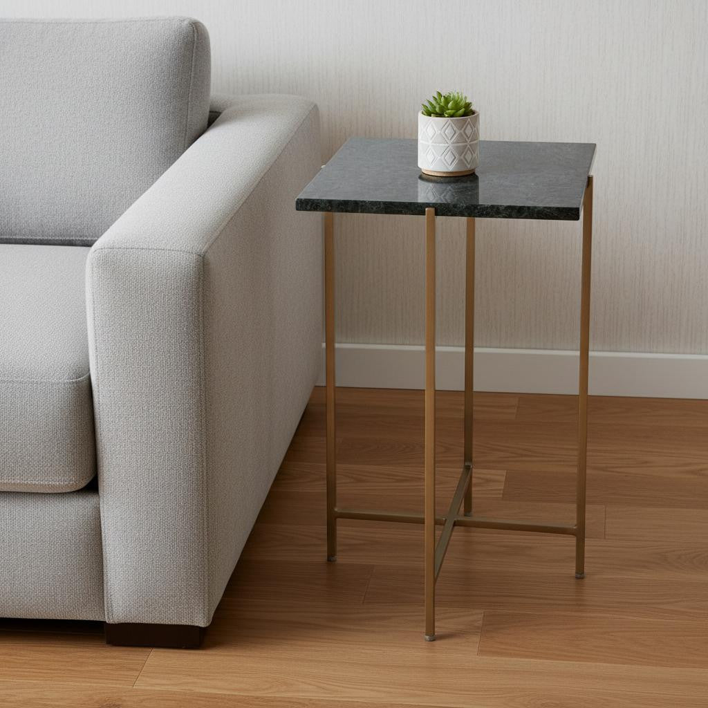 21" Green and Gold Marble and Iron Drink Size Square End Table