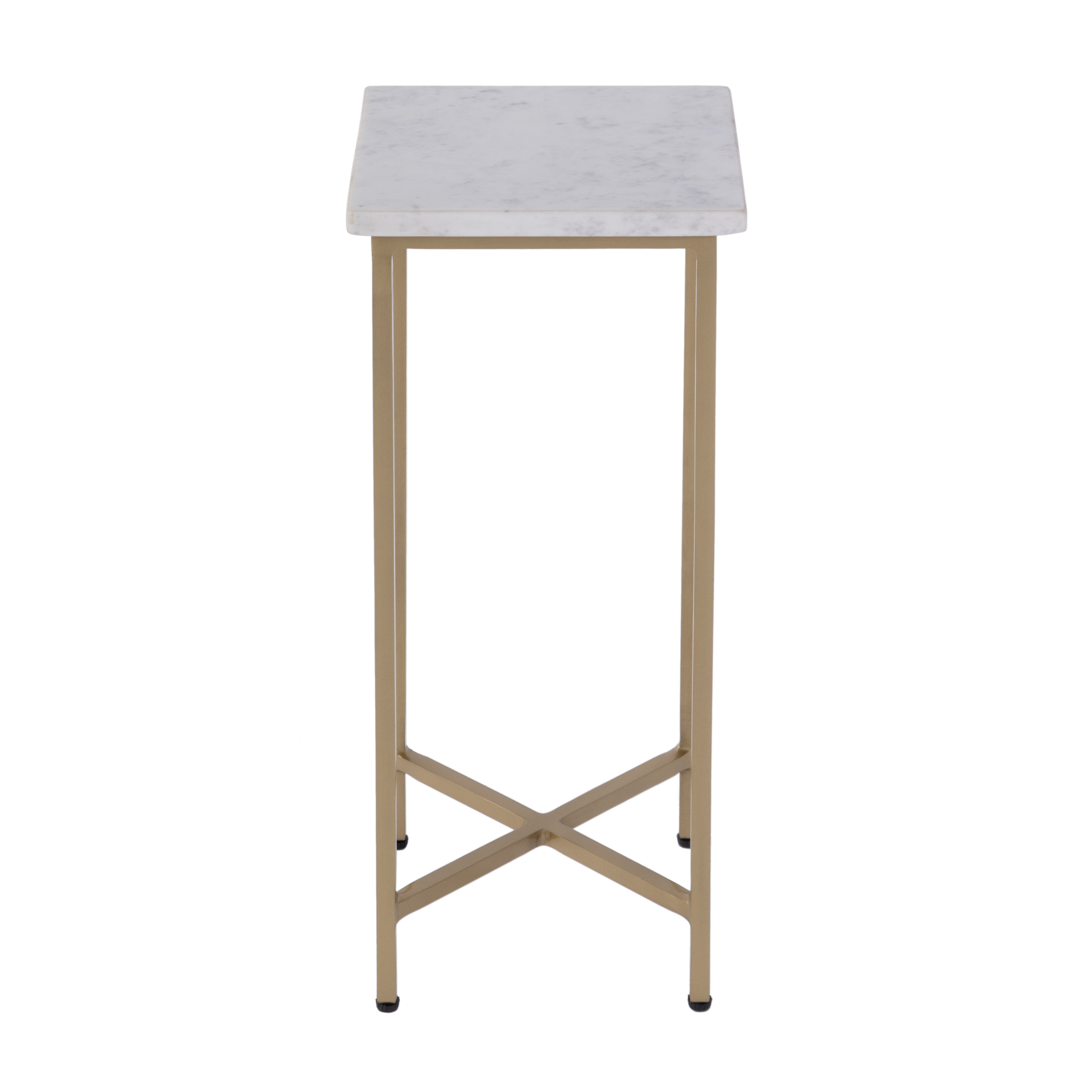 21" White and Gold Distressed Marble and Iron Square End Table