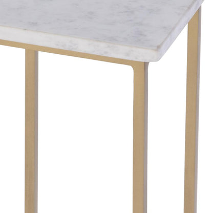 21" White and Gold Distressed Marble and Iron Square End Table