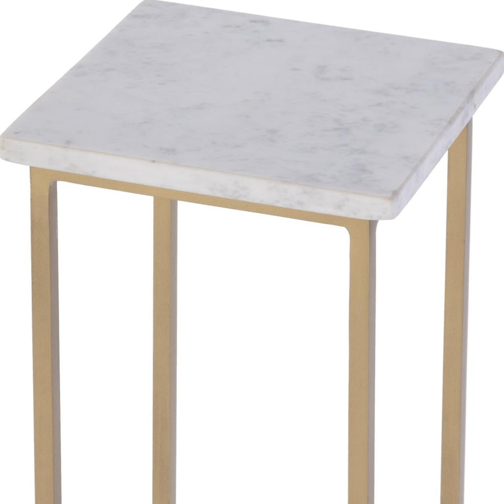 21" White and Gold Distressed Marble and Iron Square End Table