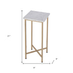 21" White and Gold Distressed Marble and Iron Square End Table