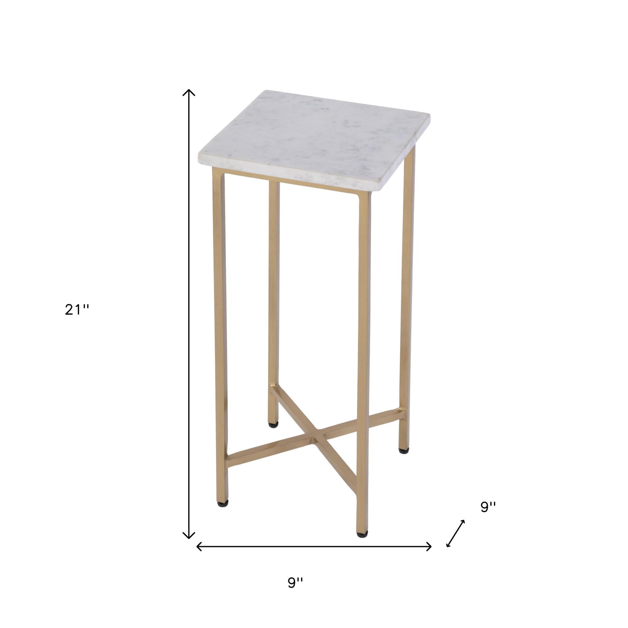 21" White and Gold Distressed Marble and Iron Square End Table