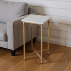 21" White and Gold Distressed Marble and Iron Square End Table