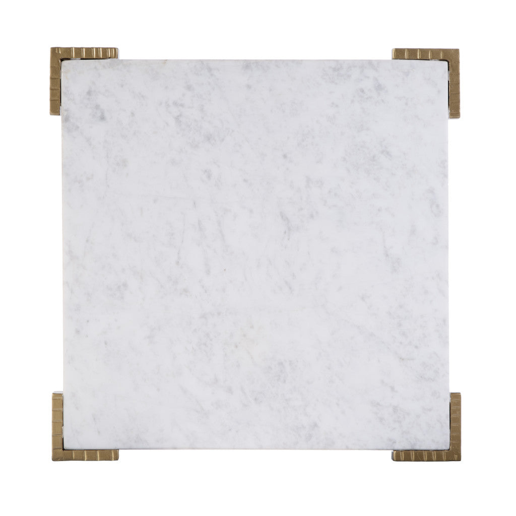 20" White and Gold Distressed Marble and Iron Square End Table