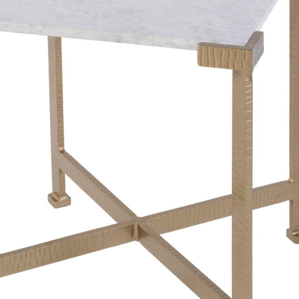 20" White and Gold Distressed Marble and Iron Square End Table