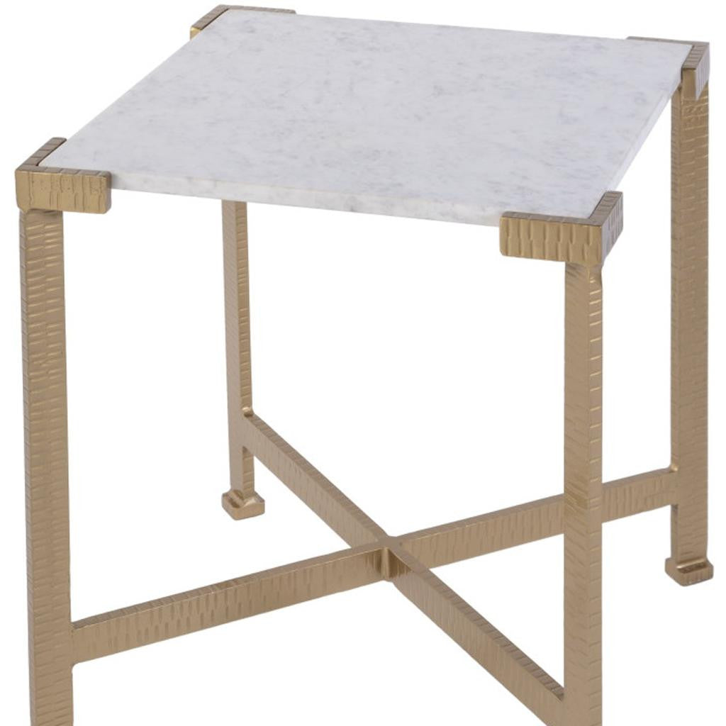 20" White and Gold Distressed Marble and Iron Square End Table