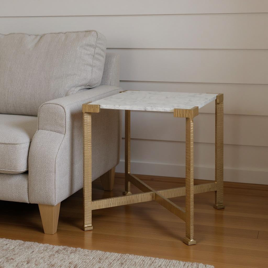 20" White and Gold Distressed Marble and Iron Square End Table
