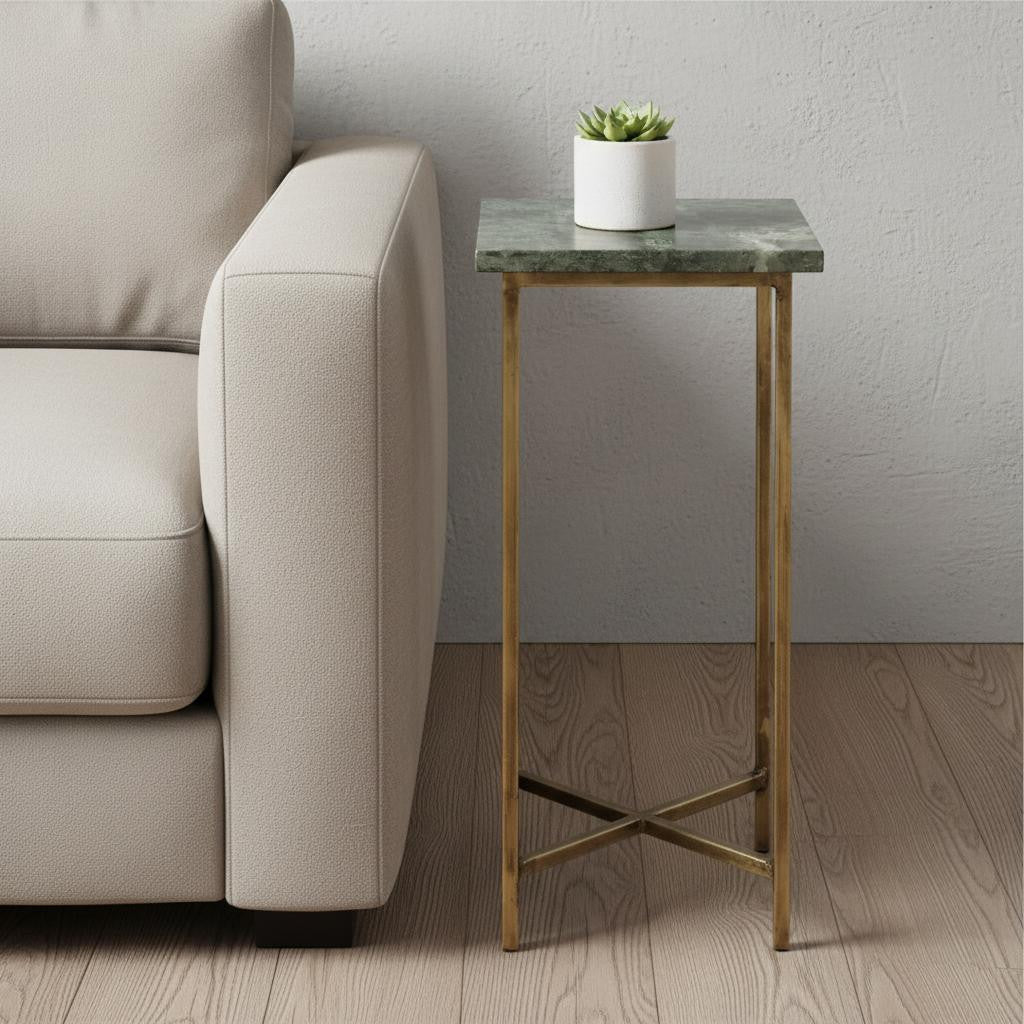 21" Green and Gold Marble Drink Size Square End Table