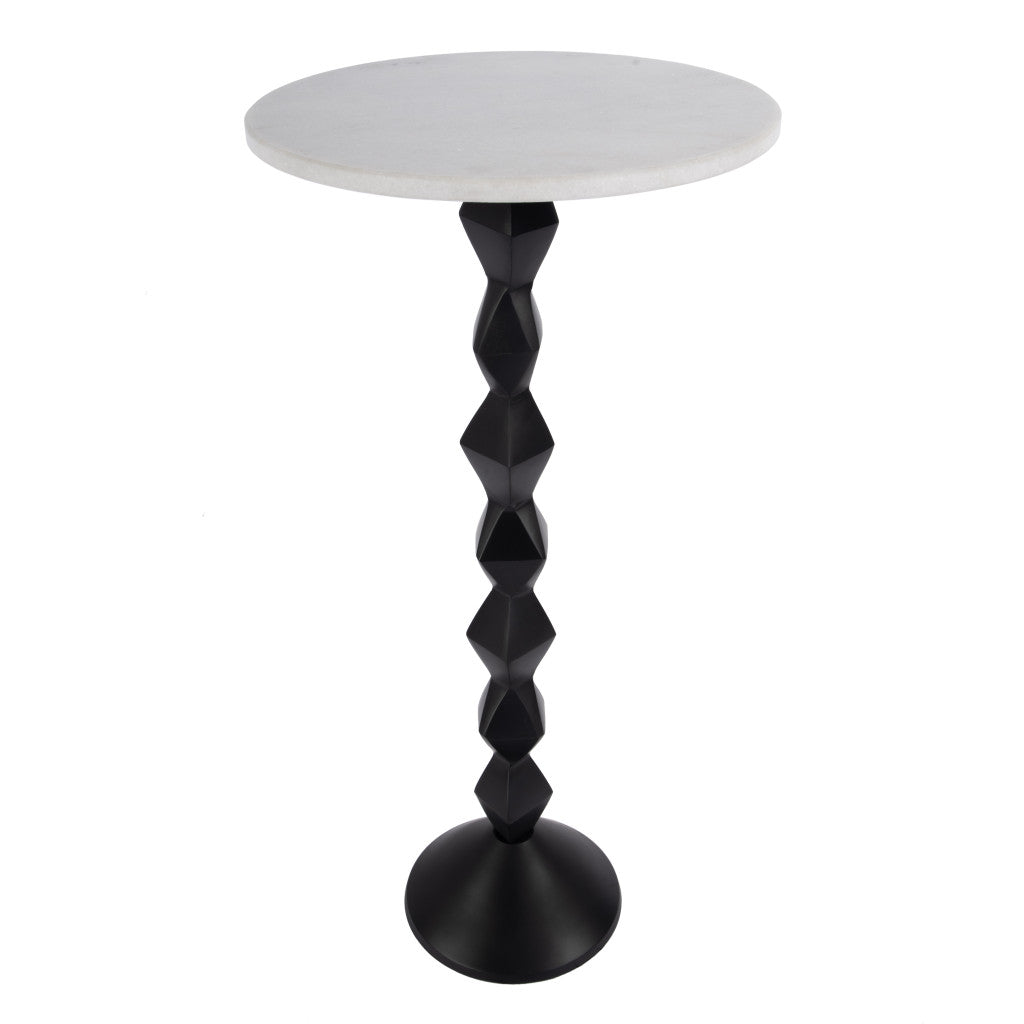 25" White and Black Marble and Aluminum Round Pedestal End Table