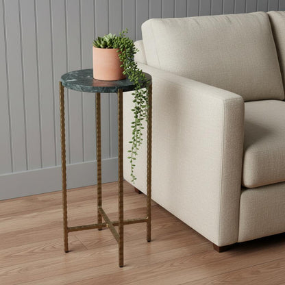 21" Green and Gold Marble and Iron Drink Size Round End Table