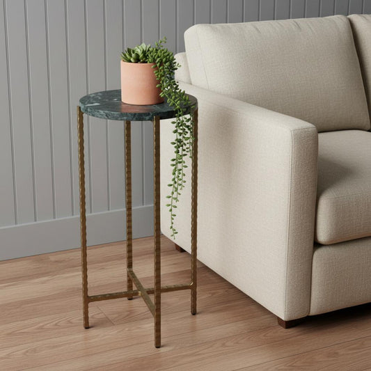 21" Green and Gold Marble and Iron Drink Size Round End Table