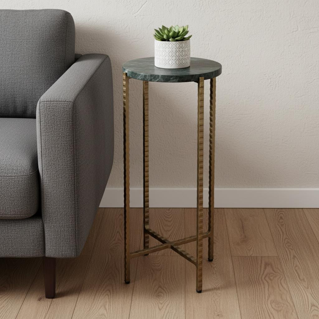 21" Green and Gold Marble and Iron Drink Size Round End Table