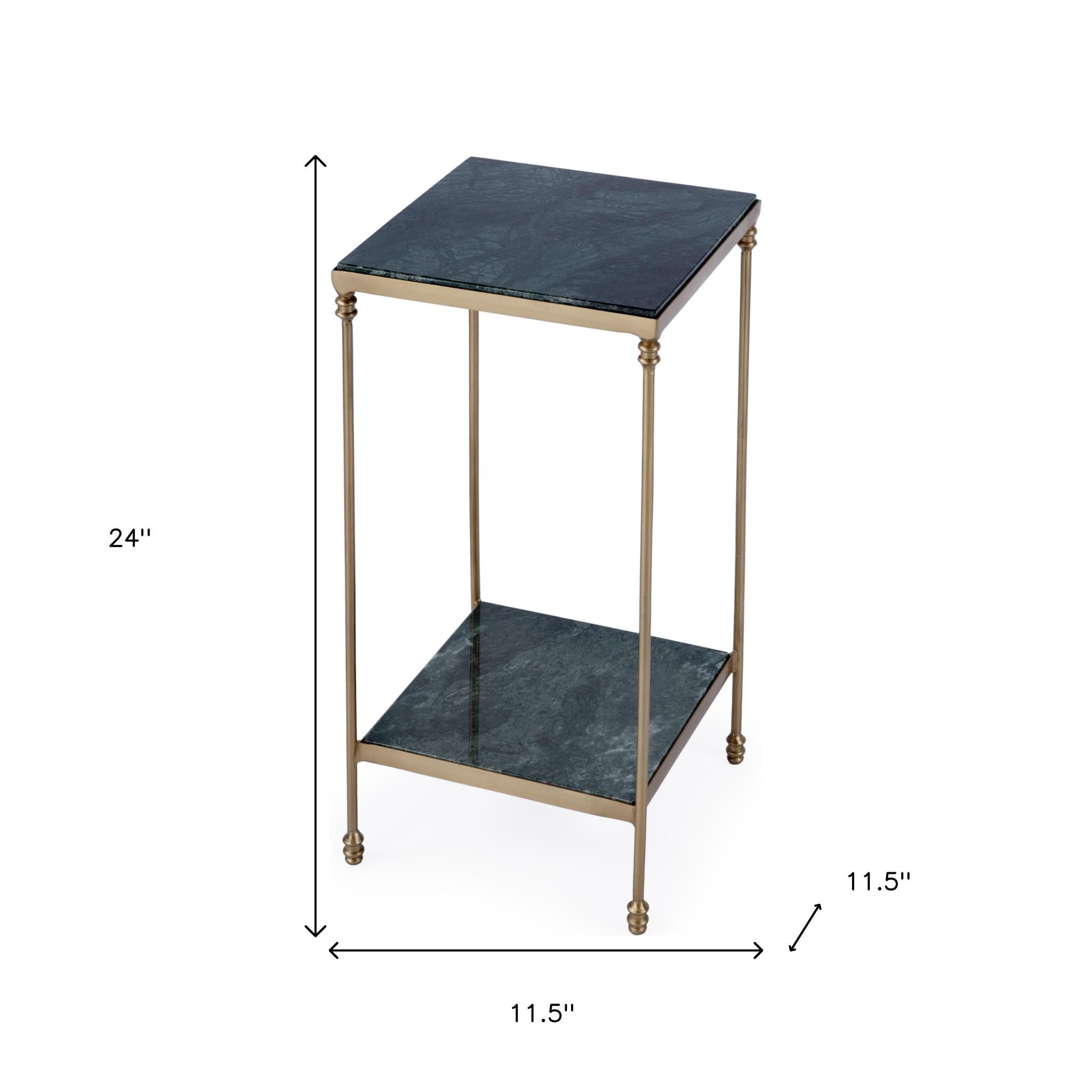 24" Green and Gold Marble and Iron Square End Table With Shelf