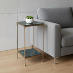 24" Green and Gold Marble and Iron Square End Table With Shelf