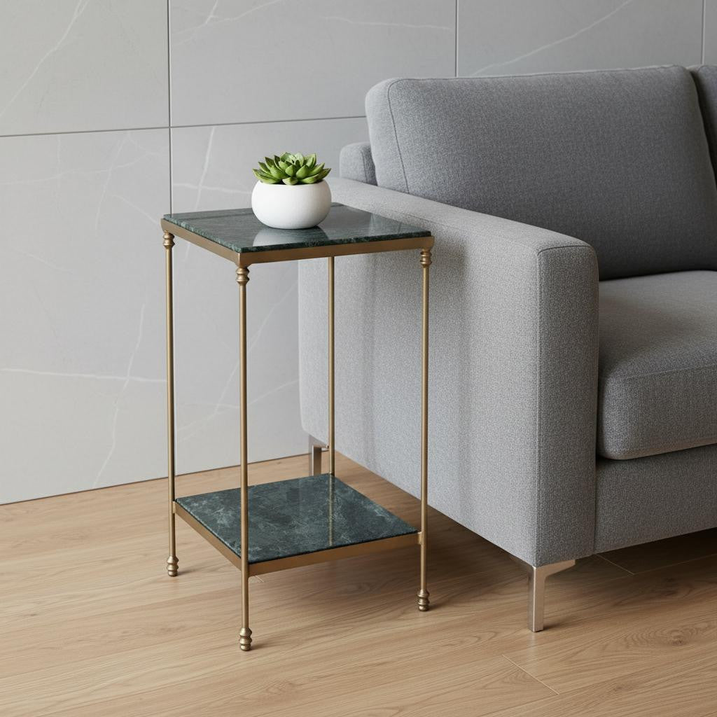 24" Green and Gold Marble and Iron Square End Table With Shelf